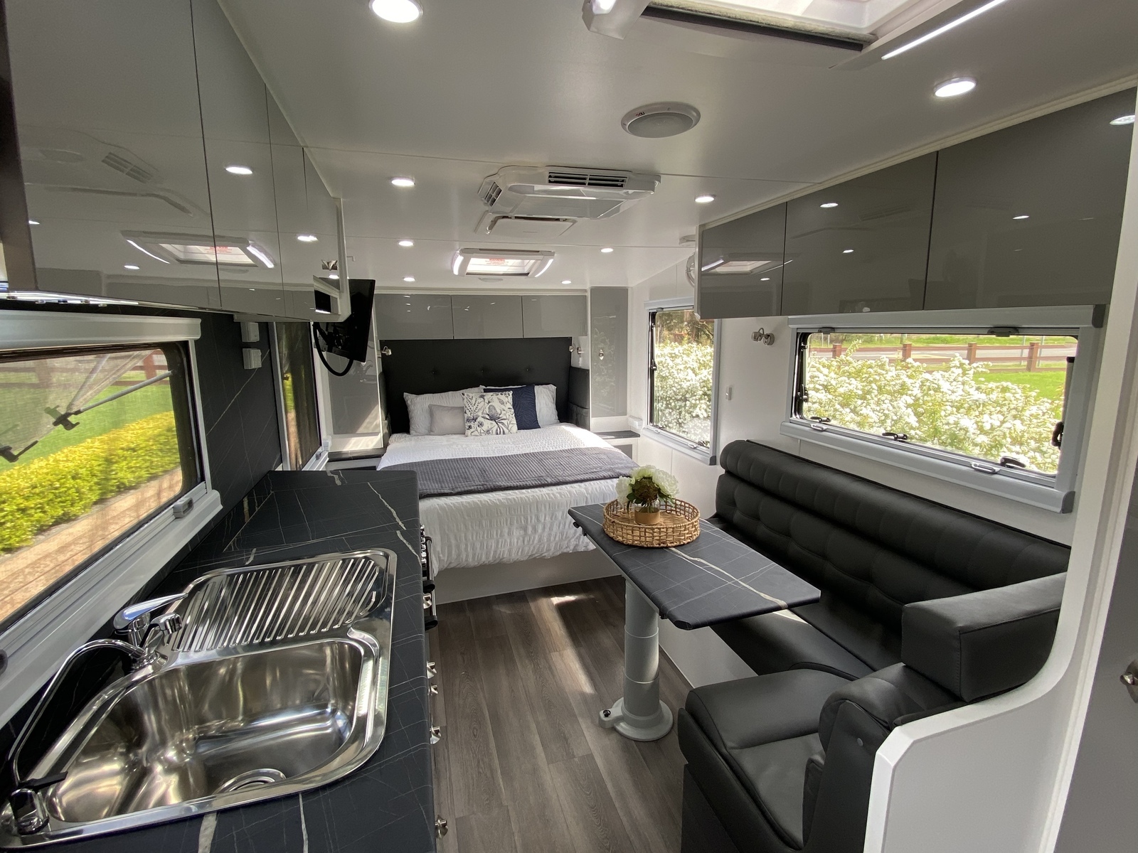 Luxury Caravan View of Kitchen and Bed